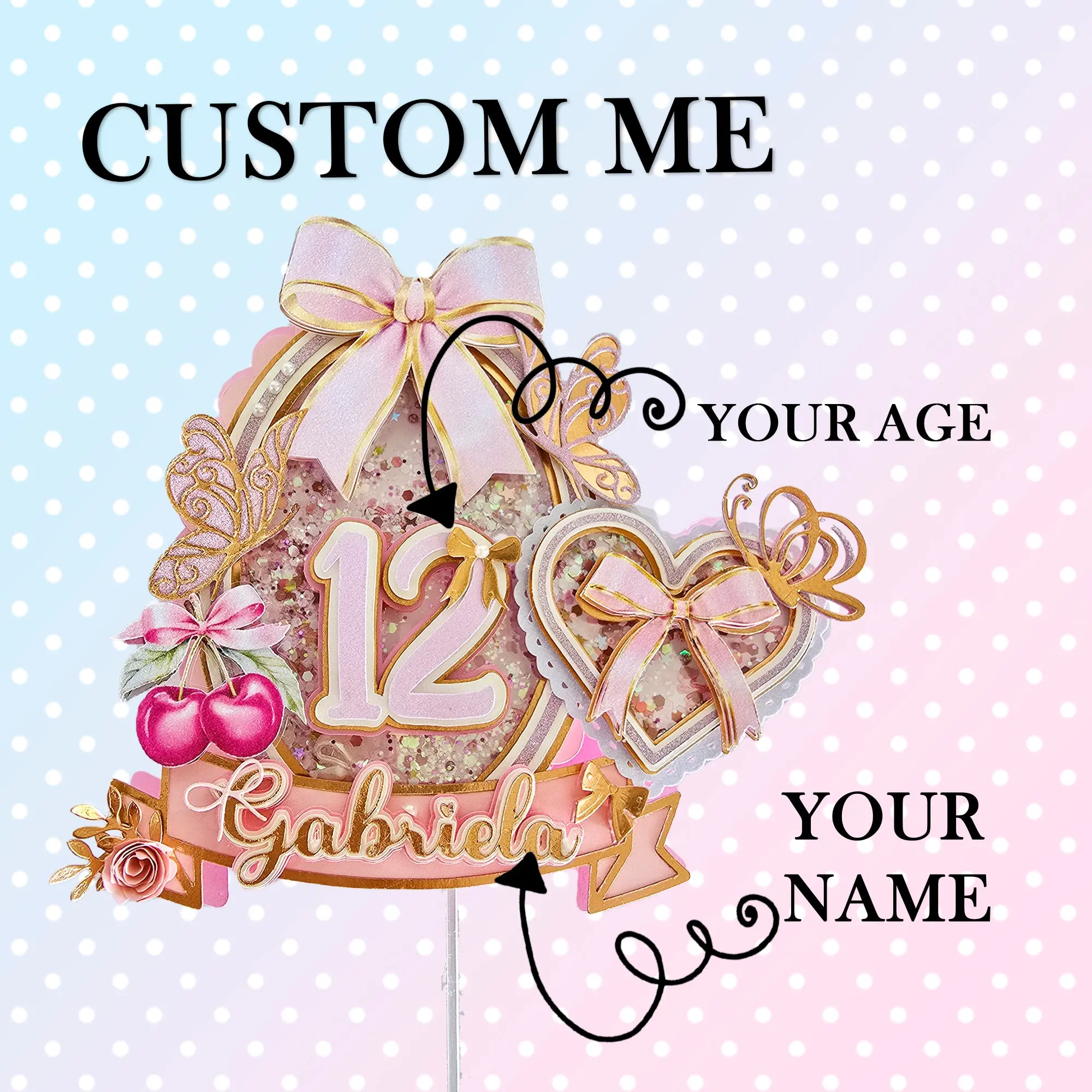 Personalized Feminine Coquette Cake Topper - 3D Glitter, Magical Romantic Insert for Happy Birthday Cake Decorations (Home & Festive Party Supplies)
