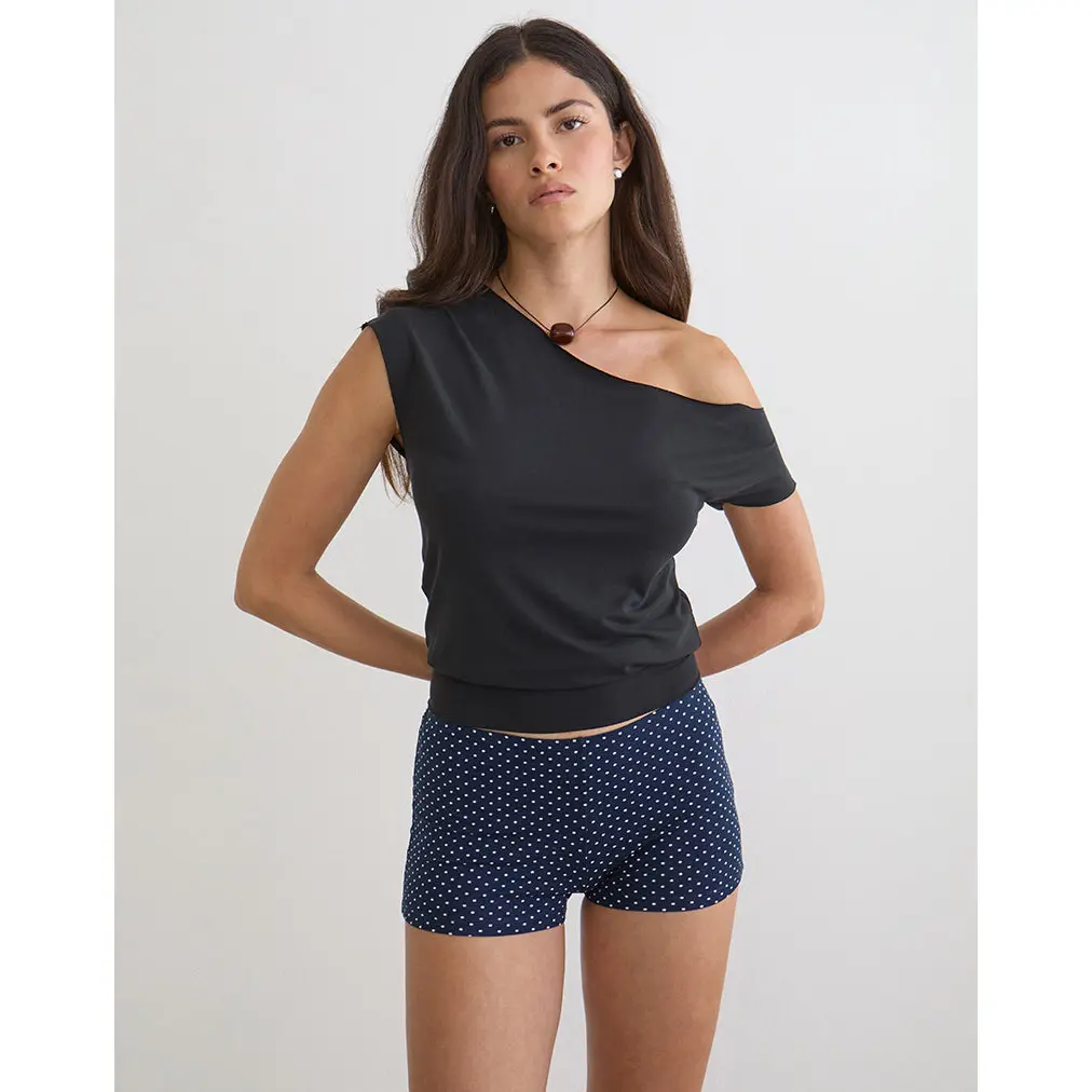 Motelrocks Eunia Micro Polka Print Shorts for Women in Navy | Low Rise, Fitted Cut Hot Pant Fit with Thick Elasticated Waistband, S