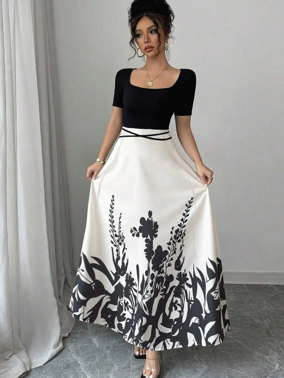 Women's Elegant Bodycon Square Neck Patchwork Waist Tie Chinese Style Print Midi Dress Khaki Floral A Line High Waist Casual Vacation Dress - Fabric