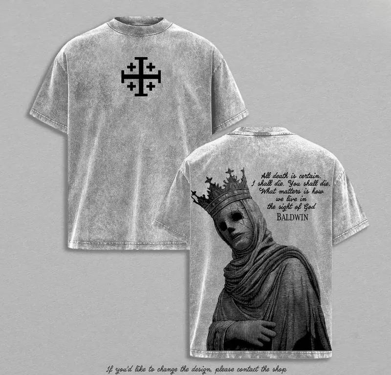 Baldwin IV The Leper King T-Shirt Washed Crusader King of Jerusalem Tee, Jerusalem Cross Medieval Christian Shirt, Vintage Washed Gothic Faith Streetwear - Jesus Apparel - Christian Outfit