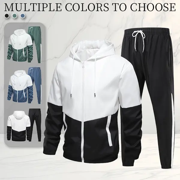 Color block hooded men's sports suit, trendy casual style clothing, the hooded design is very fashionable, suitable for daily outings and exercise workouts, comfortable and stylish Athletic Wear Fitness Apparel sohochic