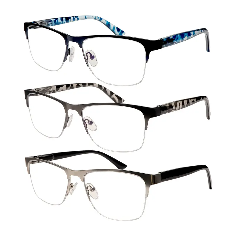 3 Pack Semi Rimless Reading Glasses Unisex Blue Light Blocking Anti Fatigue Spring Hinge HD Lenses Computer Readers Mix Color Clear
