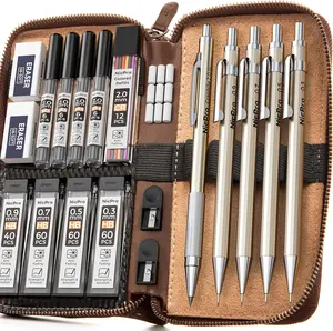Nicpro 5Pack Metal Mechanical Pencil Set in Leather Case, 0.3 & 0.5 & 0.7 & 0.9mm & 2mm Lead Pencil Holders, (4B 2B HB 2H) Lead Refills (Black & Colors), Erasers