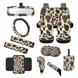 Brown Cow Print Car Seat Covers Full Set, with Steering Wheel Cover Safe Belt Pads Handbrake Cover Set Coasters Garbage Bin Rear View Mirror Cover Center Console Cover, 14 PCS Fun Car Accessories Decor Truck Stuff for Girls Women Men