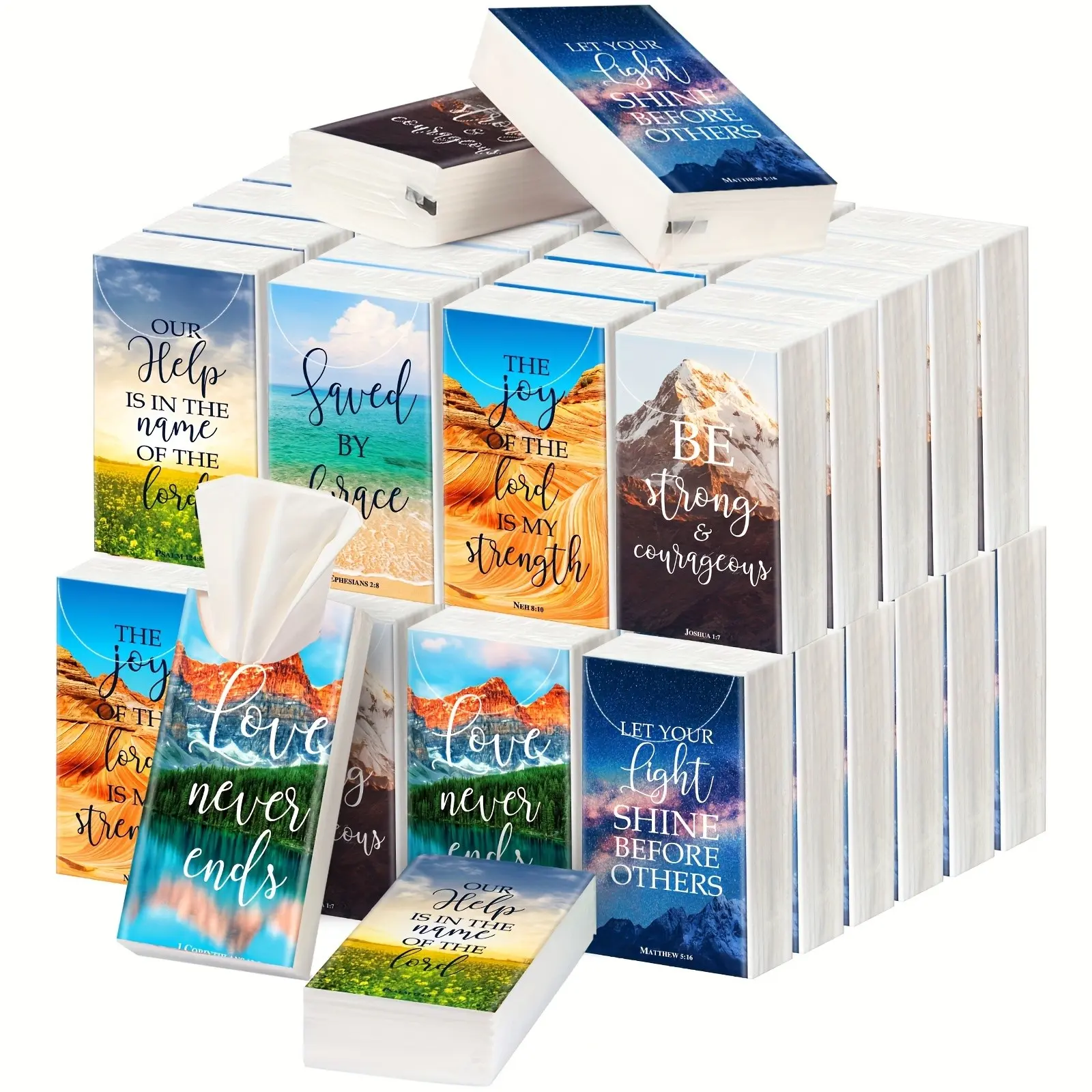 60 Pack Christian Pocket Tissues Travel Size 4 Ply Bible Verse Tissues Bulk 600 Sheets Inspirational Facial Individual Religious Gift For Christmas Church Wedding Travel(Scenery Style)