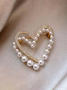 Fashion Simulated Pearl Rhinestone Heart Brooch Pin, Casual Simple Women's Daily Party Versatile Shirt Clip Lapel Flower, French Pin