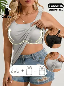 Summer Plus Size Women's Sporty Built-In Bra Vest Set, Sports Bra Vest, Sleeveless High-Stretch Training Tank Top, Soft Skin-Friendly Bra Camisole, Ideal for Yoga, Running, Gym & Outdoor Activities