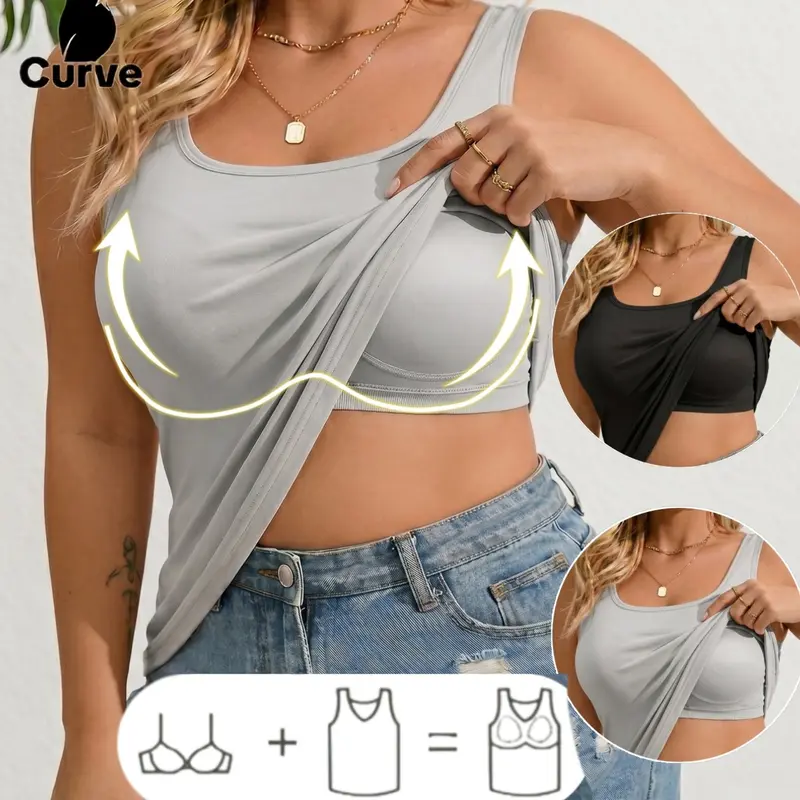 Summer PLUS SIZE Women's Sporty/Workout Built in Bra Vest Set, Sleeveless High Stretch Activewear Training Tank Top, Ideal for Yoga Running Cycling, Gym&Outdoor Activities