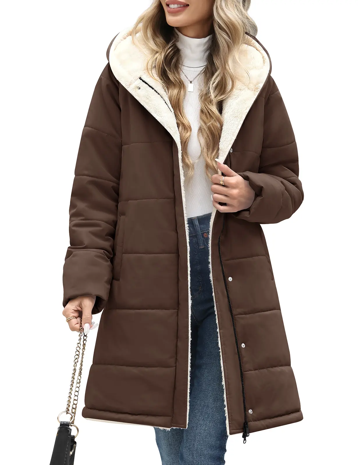 UMIPUBO Womens Long Faux Sherpa Lined Hooded Puffer Parka, Warm Quilted Full Zip Winter Outer Coat with Pockets