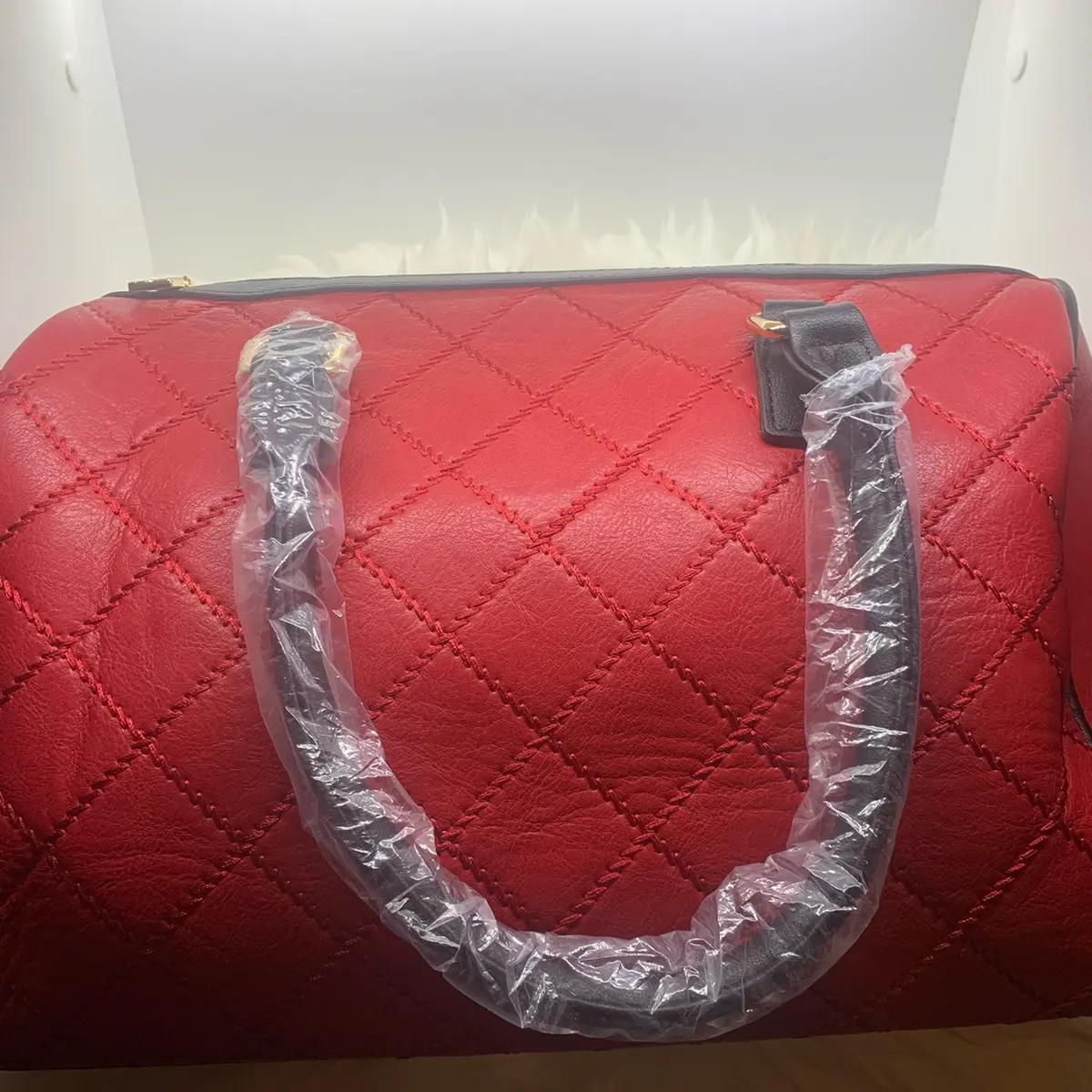 Large Red handbag with long strap. Square line designs PU Leather