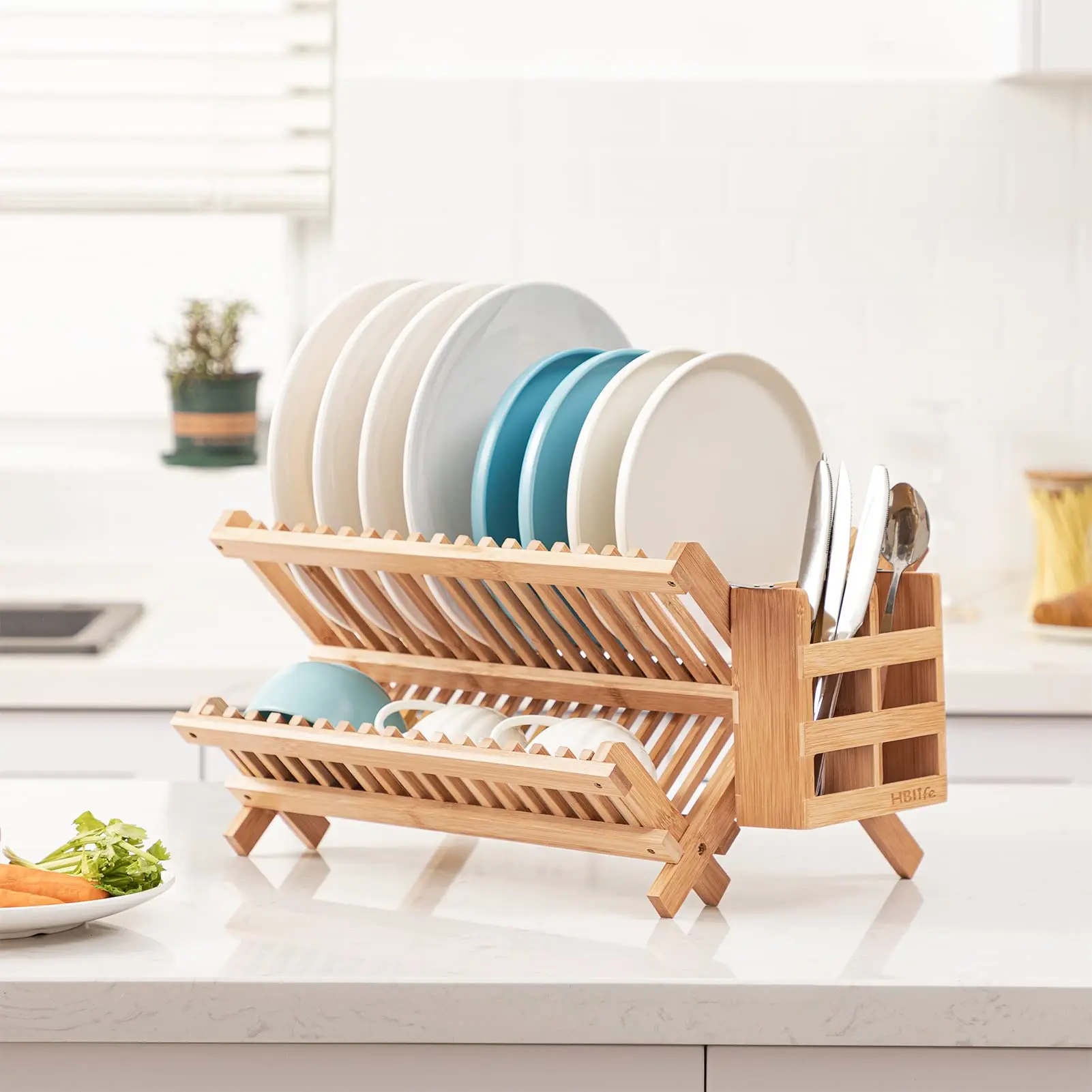 Bamboo Folding 2-Tier Collapsible Dish Drying Rack, Multi Layer Kitchen Dish Drainer with Detachable Utensils Flatware Holder