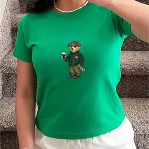 Y2K style St. Patrick's Day bear crop top, 90s Irish retro kids' shirt, St. Patrick's Day shirt for girls, Irish style for lucky girls, shamrock t-shirt for Crawl bar nights.