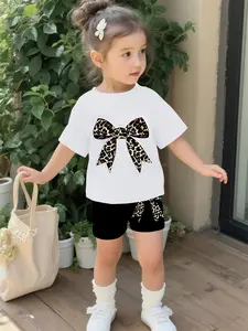 Leopard print bow baby girl's suit with digital printing, 100% polyester baby short-sleeve suit, Baby Girl Clothes, baby girl's casual clothing, suitable for daily and outdoor sports T-shirts, Leopard Print Set