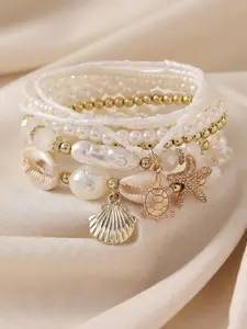 Boho Style Shell & Starfish & Faux Pearl Decor Beaded Stackable Bracelet, Fashion Jewelry for Party, Daily Clothing Decor, Trendy All-match & Exquisite Jewelry for Birthday Gift