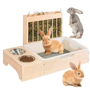 3-in-1 Extra Large Wooden Rabbit Hay Feeder, Detachable Grate, Litter Box & Toilet, Feeding Supplies for Large-Medium Rabbits, Feeding Aid with Waste Control