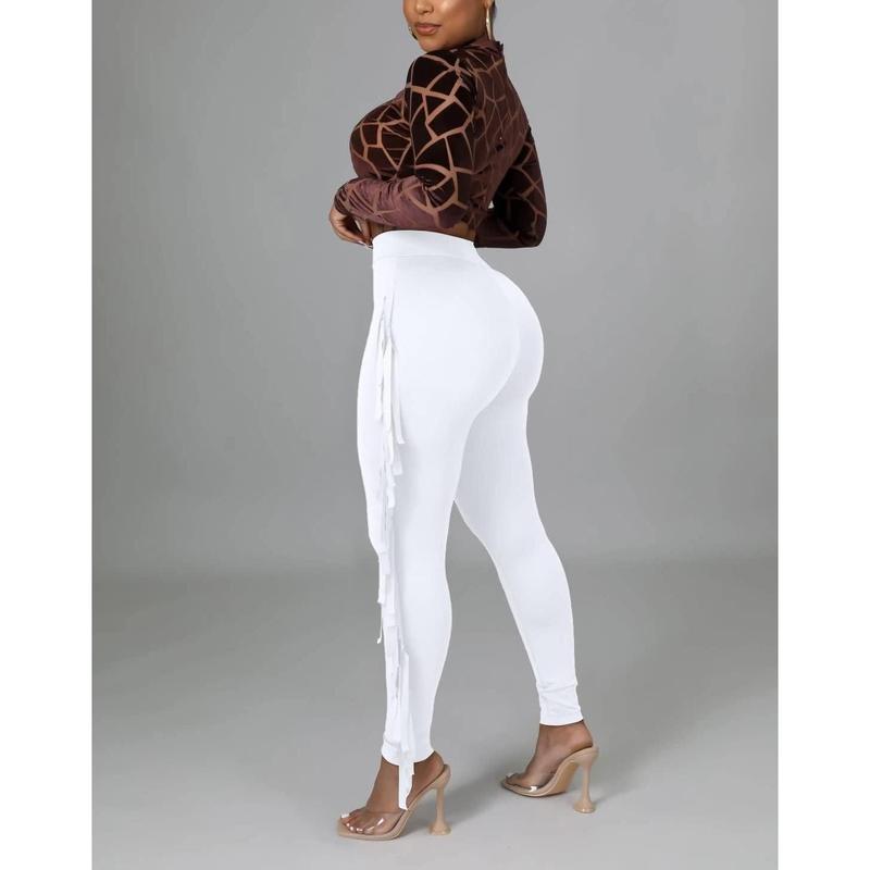 Women's Casual High Waist Fringed Pants With Elastic Waist - Bodycon Tassels Side Long Jogger Sweatpant Womenswear  Minimalist Skinny Highwaist Bottom