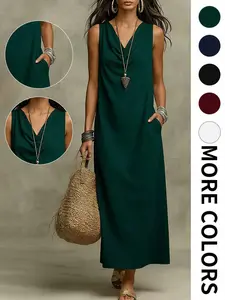 2026 Summer New Cloud Cotton Sleeveless Long Dress Pockets, Boho Style Bohemian Loose Slimming Dress, French Lazy Long Dress, Beach Vacation Essential, Casual Wear