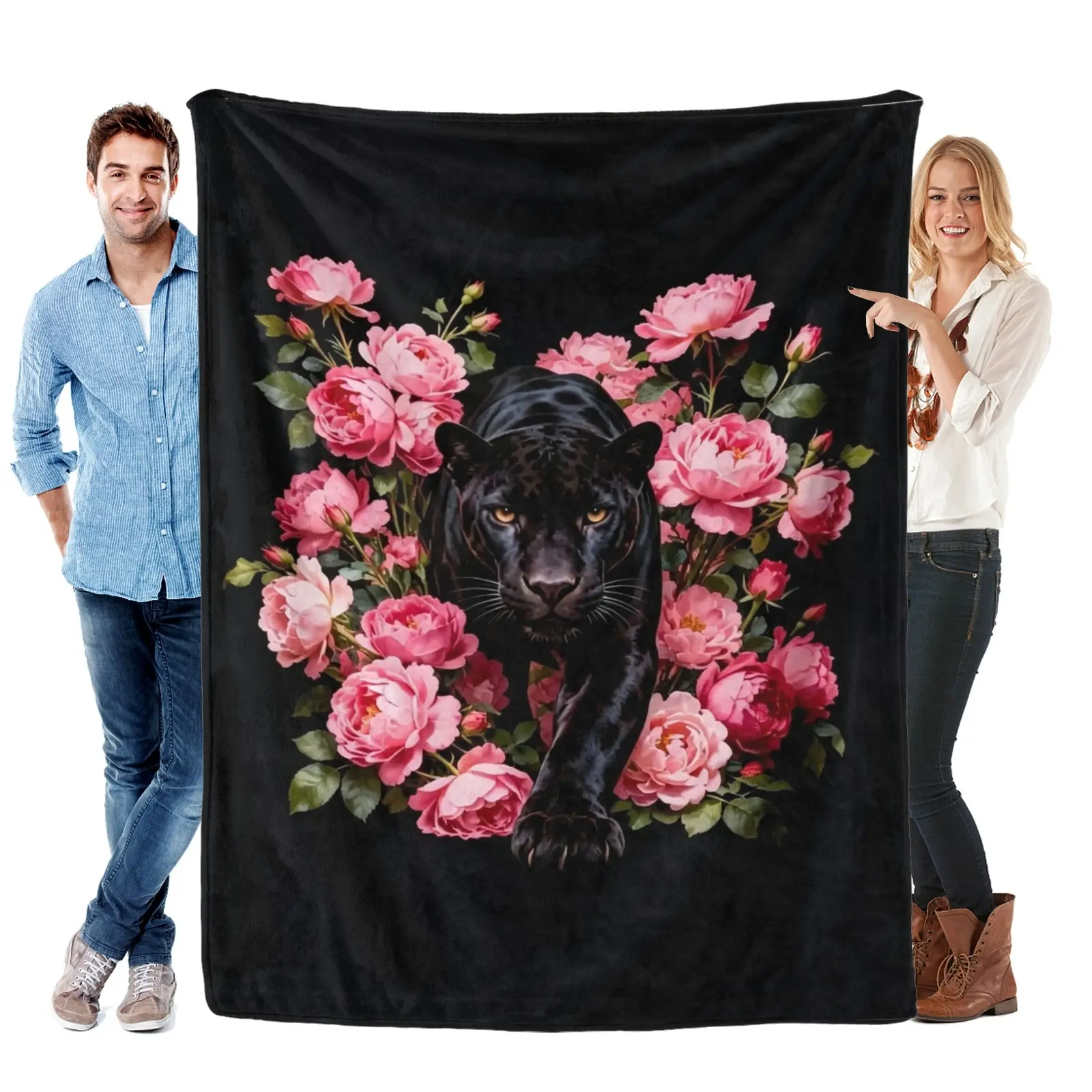 Black Panther & Pink Peony Floral-Animal Theme Anti-Pilling Cotton Flannel Blanket, Ultra-Soft, Lint-Free, Warm, Lightweight & Breathable, for Indoor Use, Home Décor & Travel, Unique All-Season Gift, Floral Print