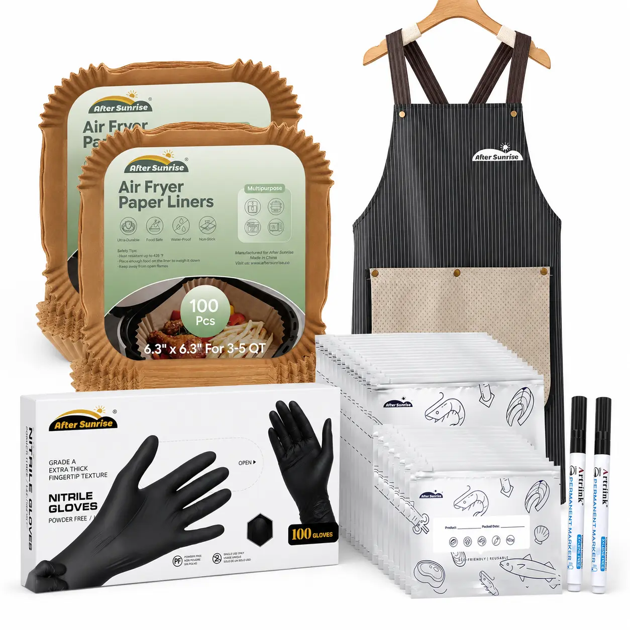 Kitchen Special Gift Package,Including 1 Apron, 200 PCS Of Air Fryer Paper, 60 PCS Of Aluminum Foil Resealable Bags(Comes with 2 complimentary markers), And 100 PCS Of Black Disposable Gloves
