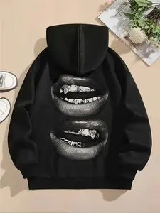 Women's Mouth  Print Thermal Lined  Drawstring Fitted Long Sleeve Hoodie, Fashion Casual Pocket Hooded Sweatshirt for Daily Holiday Outdoor Wear, Women Clothing Womenswear for Fall & Winter