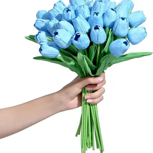 10pcs Blue Tulips Fake Artificial Flowers, Real Touch 14" PU Flower, Home Decor, Spring Easter Wedding Bouquet, Floral Arrangements