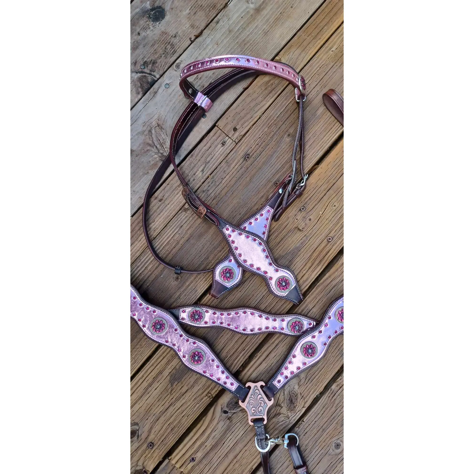 Equestrian 3-Piece Horse Tack Bridle Set - Rich Chocolate Leather with Luxurious Metallic Pink Overlay, High-Quality Show Tack with Statement Bling Accents, Quality Craftsmanship, for Arena Use, Balances Style & Functionality, Elevates Riding Experience