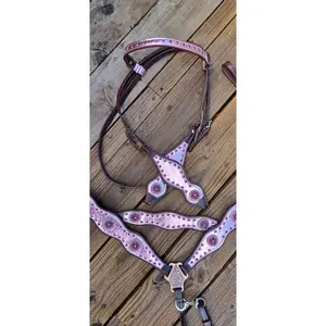 Metallic Pink Overlay and Choc. Leathers 3pc Horse Tack Bridle Set