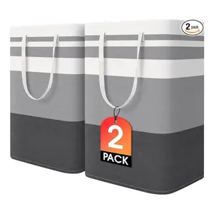 2 Pack Large Laundry Baskets, Waterproof, Freestanding Laundry Hampers, Collapsible Clothes Hamper with Reinforced Handles in Laundry Room, College Dorm, Bathroom, Bedroom (Grey, 75Lx2)