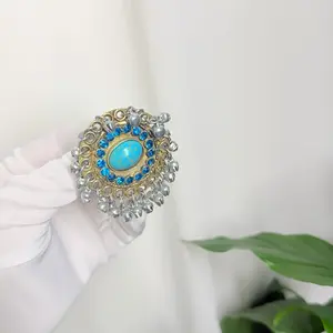 Afghan Kuchi Ring with Glass Stones and Bells Handcrafted Jewelry Intricate Silver Work Dangling Beads Nomadic Traditions