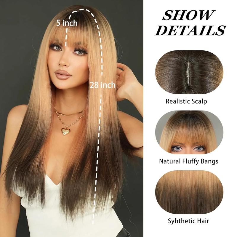Long Straight Ombre Blonde Black with Bangs 28 Inch Ash Blonde Half wig with Dark Roots and Black Hair Tail Dye Natural Synthetic Layered Heat Resistant Wig for Women Daily Party Use