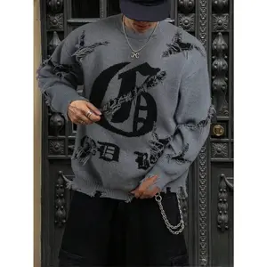 Unisex Gothic Streetwear Letter Intarsia Pattern Casual Loose Pullover Sweater, Crew Neck, Drop Shoulder, Long Sleeve, Knitted Sweater for Spring, Autumn & Winter