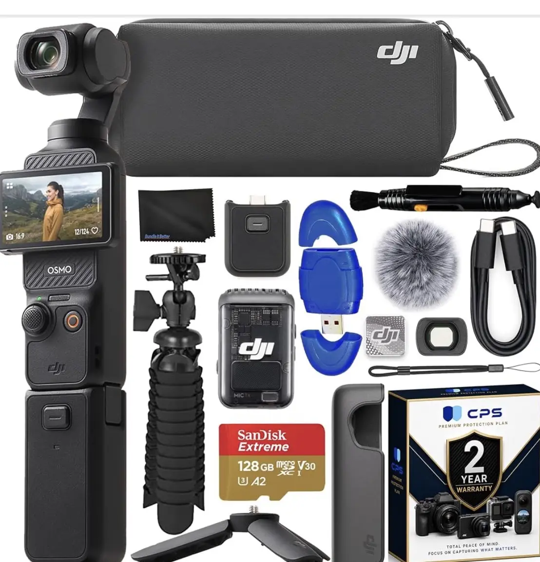 DJI Osmo Pocket 3 Creator Combo Gimbal Stabilizer 1′′ CMOS & 4K/120fps Video Bundle with 128GB Memory Card, Gripster Flexible Spider Tripod, 2 YR CPS Warranty + More