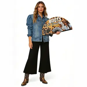 Women's Western Cowboy Large Folding Hand Fan, Leopard Print & Sequins Design, Durable Plastic Edges, Waterproof Fabric, Party Accessory