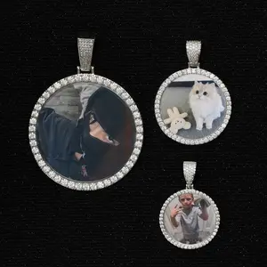 [ICE HUE]18K Gold Vacuum Plated Copper with 5A+ Sri Lanka Zircon DIY Custom Memory Round Colorful Photo Pendant With Necklace Miami Italy Mexico & Micro Inspired for Women & Men Luxury Jewelry,Daily Wear,Casual Fashion,Gift Idea,,Classic,Hip Hop
