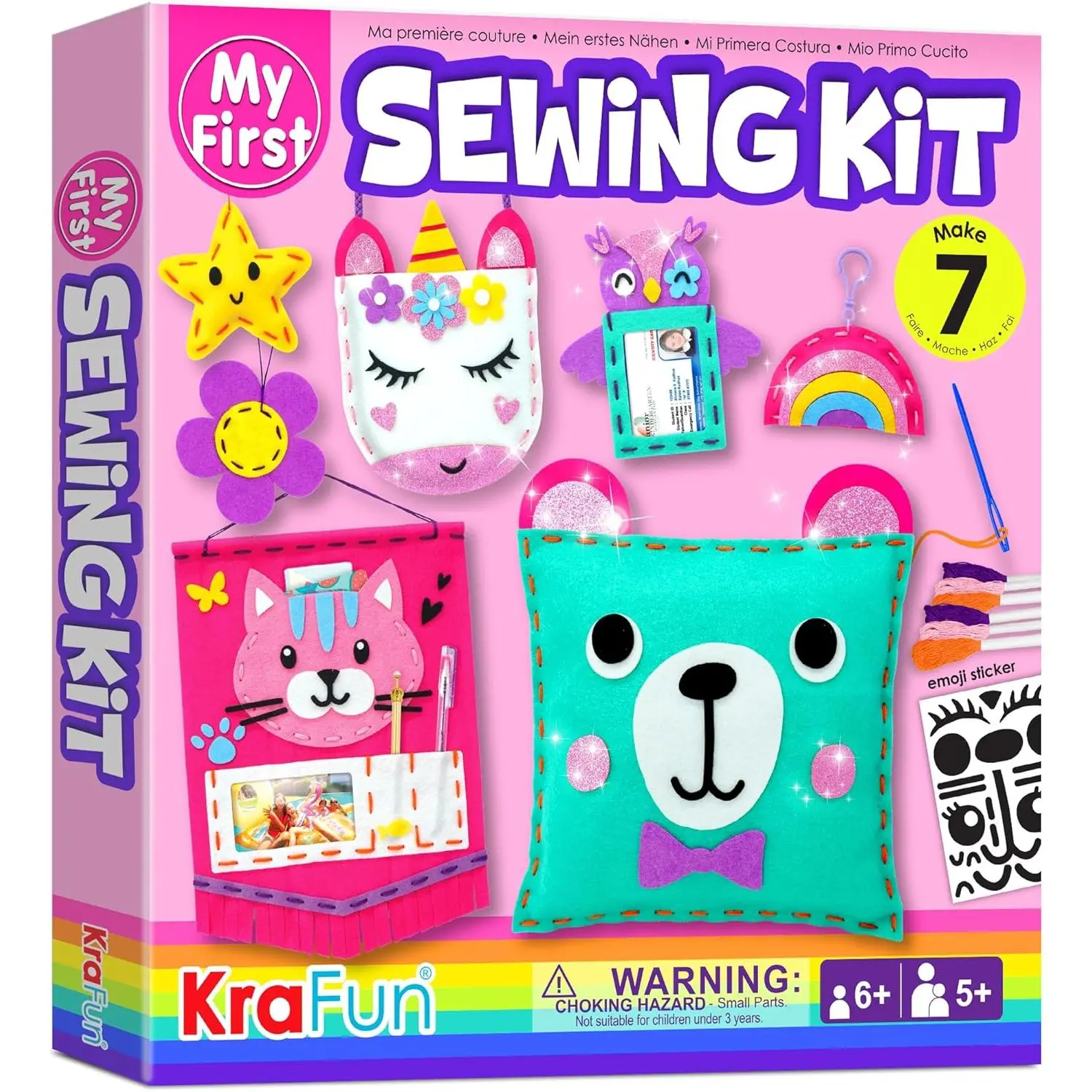 KRAFUN My First Sewing Kit for Beginner Kids Arts & Crafts, 7 Easy DIY Projects of Stuffed Animal Dolls and Plush Pillow Craft, Instructions & Felt, Gift for Girls, Boys, Learn to Sew, Embroidery