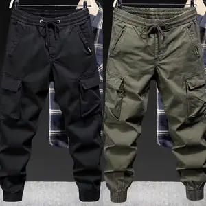 Military Green Relaxed Fit Men's Tactical Cargo Pants - Elastic Cuff Outdoor Hiking Workwear, Durable Utility Pants for Adventure & Casual Style