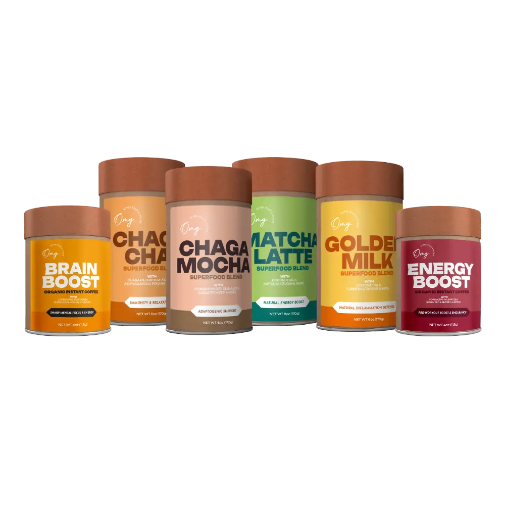 6-Pack Bundle: Organic Chaga Chai (Tea) & Mocha, Organic Golden Milk, Organic Matcha Latte, Organic Brain & Energy Boost Instant Coffee Beverage Powder