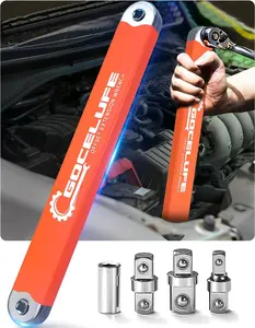 Offset Extension Wrench Impact - Tight Reach Wrench Set with Universal Square Drive Adapters (1/4", 3/8", 1/2") - Ideal for Tight Spaces -  Tool gifts for Mechanic Men Dad (Orange)