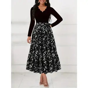 Women’s floral patchwork print scalloped V-neck A-line dress, elegant formal wear, long-sleeve dress for parties, holidays, and wedding guests, ladies’ spring and fall clothing
