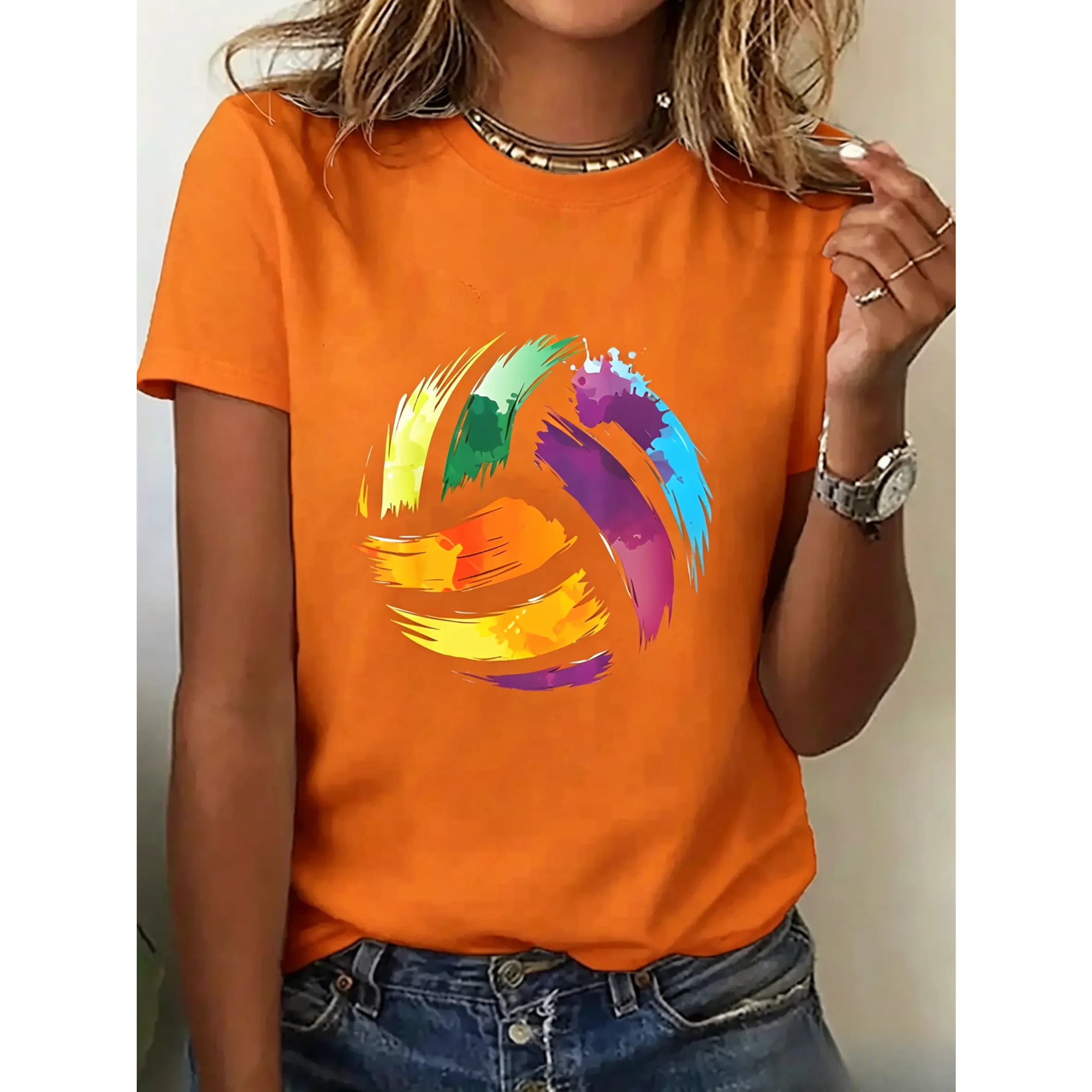 Women's 100% Pure Cotton Oversize-Cut Short-Sleeve Tee, Asymmetrical Volleyball Graphic, Smooth Surface, Casual Athletic Breathable All-Season Athleisure Top