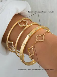 Elegant Clover Design Bracelet Set for Women, Multilayered Bangles, Luxurious Hollow Out Five-Leaf Grass Hand Chain, Classic and Versatile Jewelry, Stackable Bracelets, Elegant Minimalist Bangle