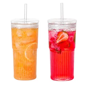 2PCs Vintage 24 oz Glass Tumbler With Lid And Straw Clear & colorful High Borosilicate Iced Coffee, Water, Smoothie Drinkware Mug Cup Bottles glass cup Reusable Bottled Portable Washable