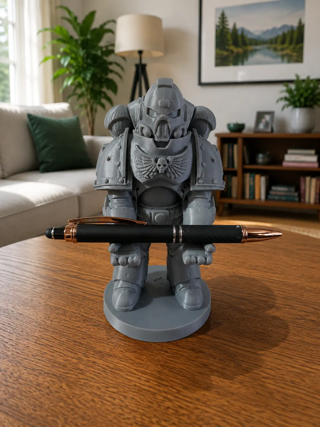 Futuristic Armor-Styled Freestanding Desk Pen Holder Organizer with Sturdy Base - Multi-Functional Office Stationery Rack for Him, Stores Pen/Stylus, Sci-Fi Figures, TCG Cards, Remote Controls, Videogame Accessories, Collector Spaces, Game Room Decor