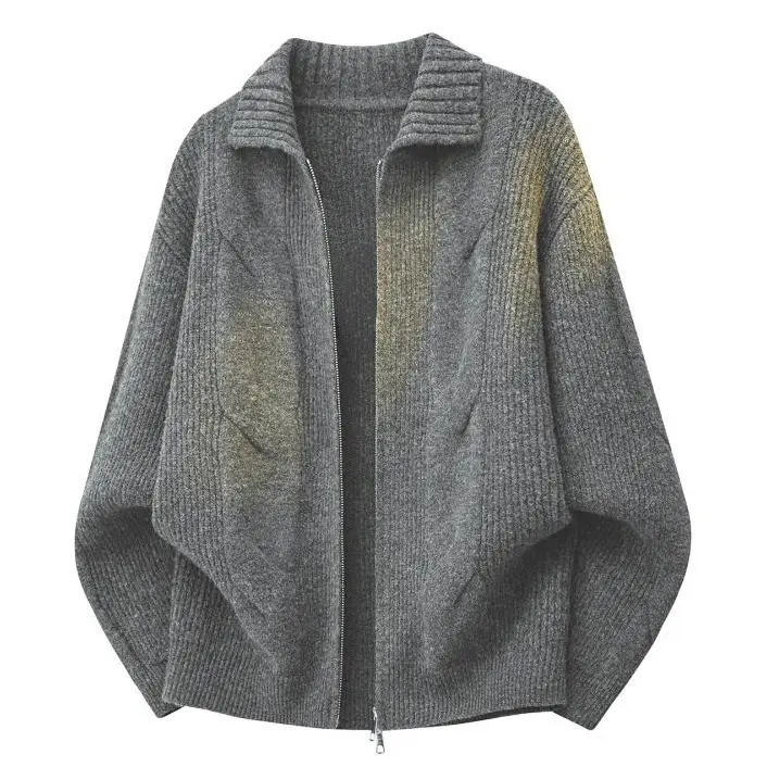 Men's Lapel Collar Zip-Up Long Sleeve Knit Cardigan - Vertical Rib Mixed Diamond Twist Texture, Ribbed Cuffs & Hem, Relaxed Oversized Cropped Casual Tops, Thick Warm Knitwear Clothes for Autumn Winter Daily Layering