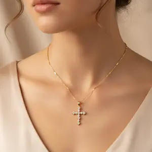 MEIITRUE 14K Gold Plated Cross Pendant Necklace for Women, Dainty Zirconia Cross Necklace, Faith Jewelry Religious Gifts