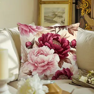 1pc Bohemian Floral Velvet Pillowcase - Double-Sided Pink Peony Design, Soft Short Plush, Zipper Closure, Machine Washable, 14x14 16x16 18x18 20x20 Inch, Decorative Cushion Cover for Sofa, Bed, Office & Home Decor (No Insert), Decorative Pillow Covers