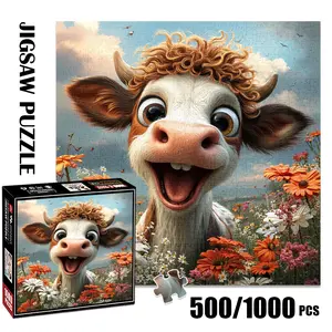 1pc 1000 piece adult Jigsaw Puzzle 58x58cm Cute Cow with Curly Hair in a Flower - Filled Field 500 pieces of paper puzzle, suitable for adults and families, large-scale DIY puzzle interactive toy games