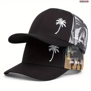 Unisex Fit Coconut Embroidery Trucker Hat - Adjustable Mesh Fabric Cap, Breathable Ventilation, Outdoor Tropical Summer Accessory for Beach, Casual Wear, Trucker Hats Women,summervibes