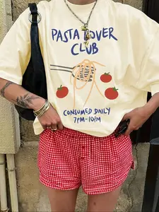 Women's Tomato & Pasta Print Round Neck Tee, Fashion Casual Crew Neck T-Shirt for Daily Holiday Vacation Outdoor Wear, Ladies Clothes for Summer, Casual Fashionable Top