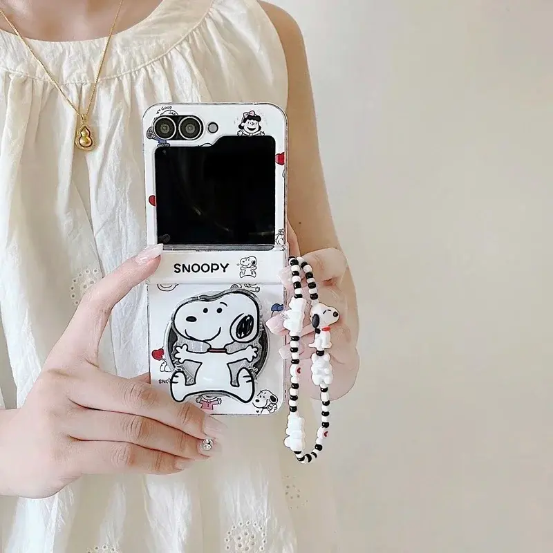 Cute Cartoon Snoopy Charlie Brown Magnetic Holder Wireless Charge Phone Case For Samsung Galaxy Z Flip 7 6 5 4 3 Hard TPU Cover
